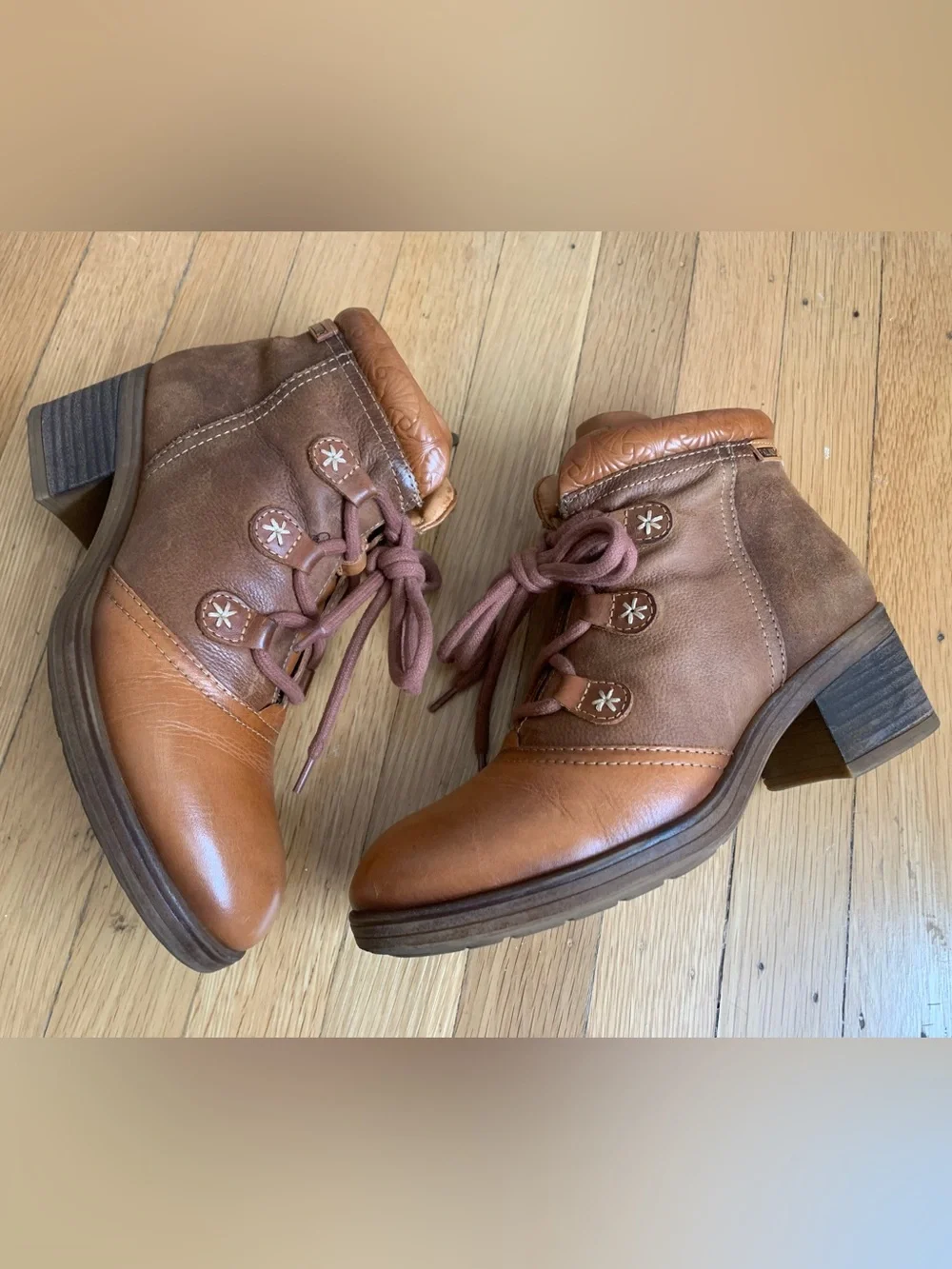 EUC PIKOLINO LYON Carmel/Brown Leather Lace-Up Side-Zip Ankle Boots Size 38/7.5
